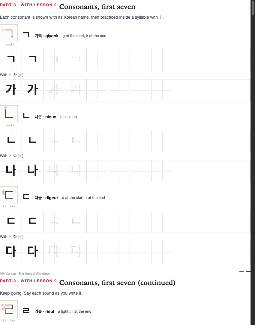 Workbook page: consonants with numbered stroke-order maps and tracing rows